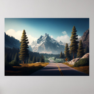 Mountain with pine trees poster