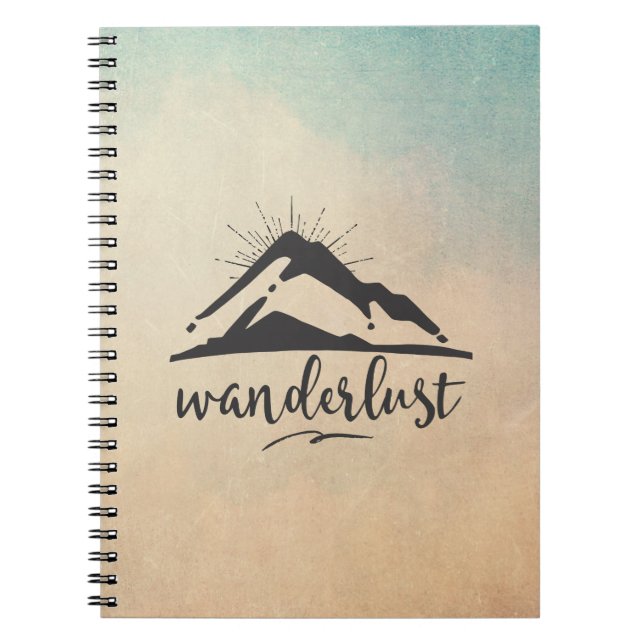 Mountain with Sunrays and Wanderlust Typography Spiral Notebook (Front)