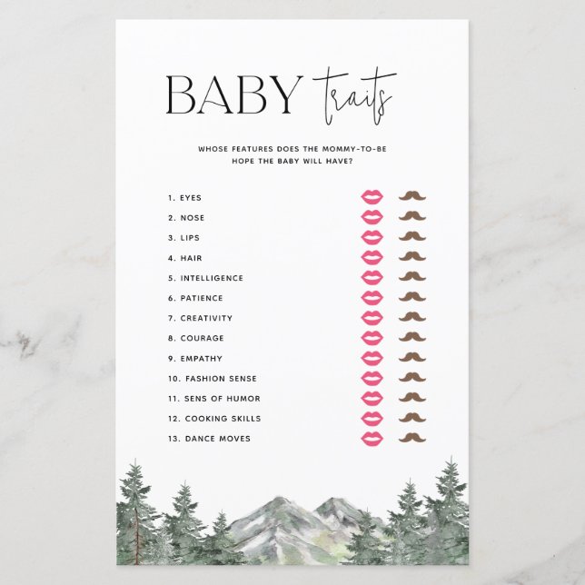 Mountain Woodland Baby Shower Baby Traits Game (Front)