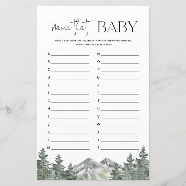 Mountain Woodland Baby Shower Name That Baby Game (Front)
