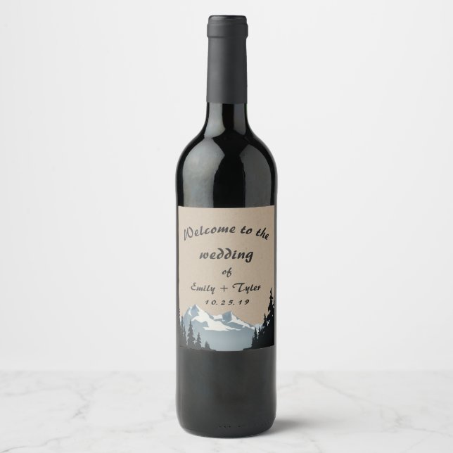 Mountain Woodland Forest Wedding Personalised Wine Label (Front)