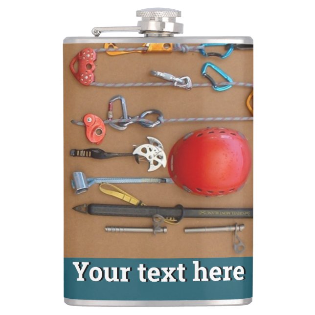 Mountaineering kit, helmet, ropes, carabiners hip flask (Front)