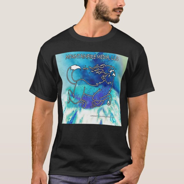 MountainFire Coyote Leaping Over Blue Volcano T-Shirt (Front)
