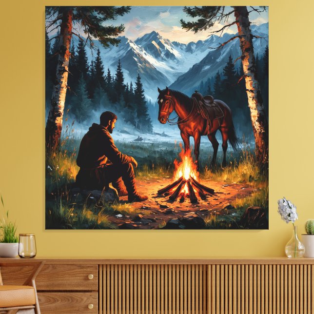 Mountainous Forest with Horse at Twilight Canvas Print (Insitu(LivingRoom))