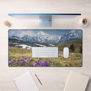 Mountains and crocus flowers on Velika Planina, Sl Desk Mat
