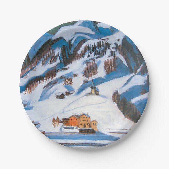 Mountains and Houses in the Snow, Winter Landscape Paper Plate (Front)