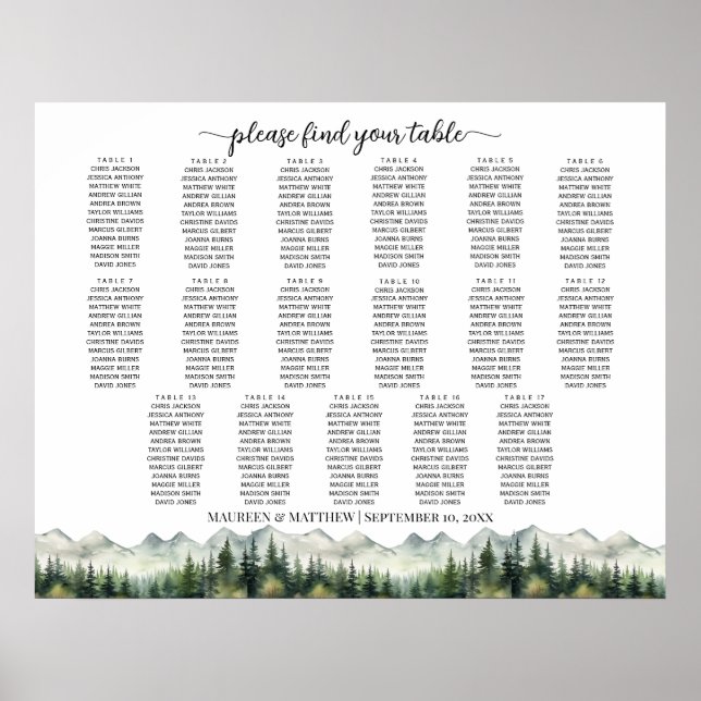 Mountains and Pines 17 Tables Wedding Seating Poster (Front)
