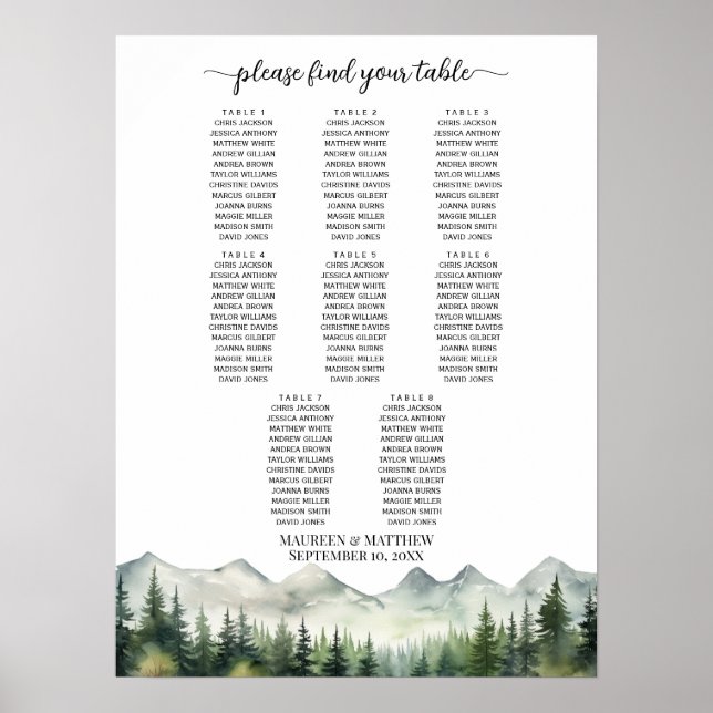 Mountains and Pines 8 Tables Wedding Seating Poster (Front)