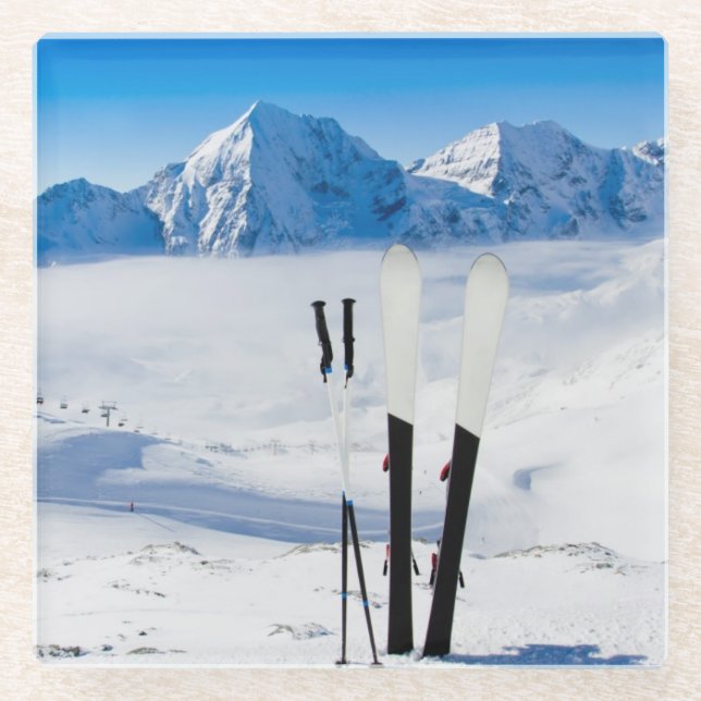 Mountains and ski equipment glass coaster (Front)