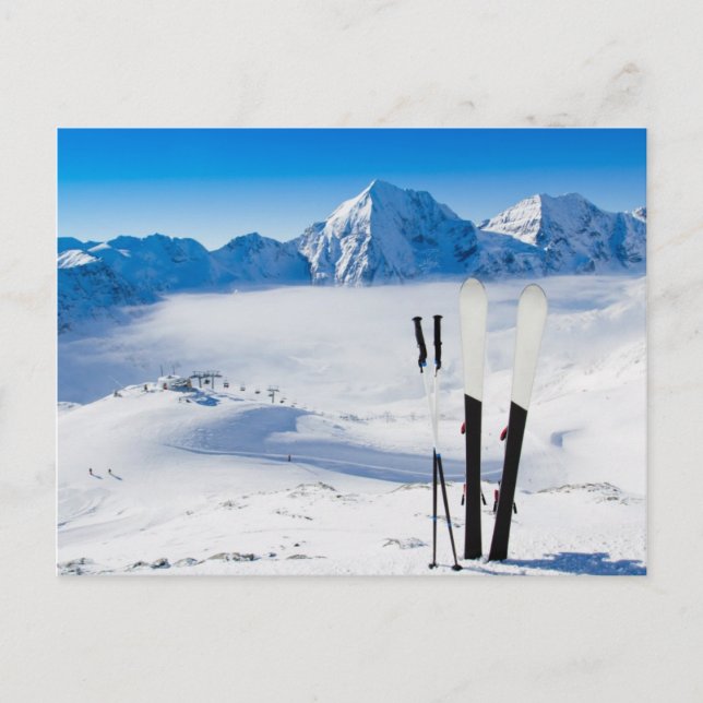 Mountains and ski equipment postcard (Front)