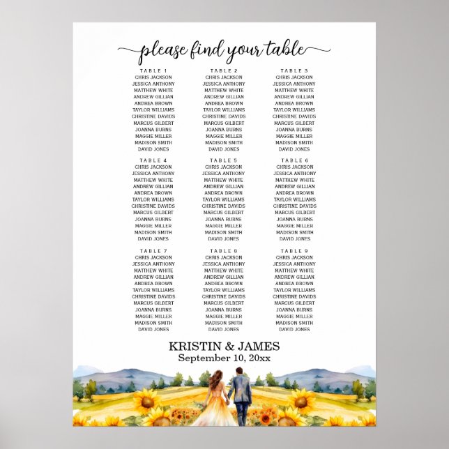 Mountains and Sunflowers 9 Tables Wedding Seating Poster (Front)