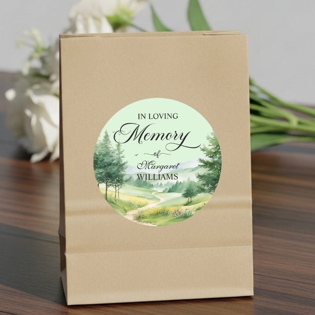 Mountains and Trees Celebration Of Life Funeral Classic Round Sticker (Creator Uploaded)