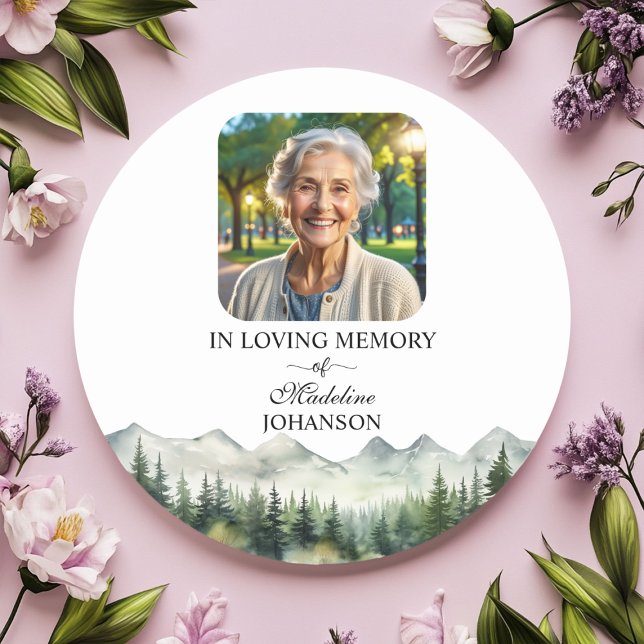 Mountains and Trees Celebration Of Life Funeral Classic Round Sticker (Creator Uploaded)