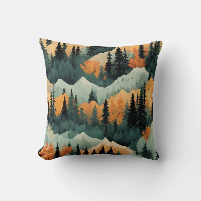 Mountains And Trees Green And Orange Cushion (Front)