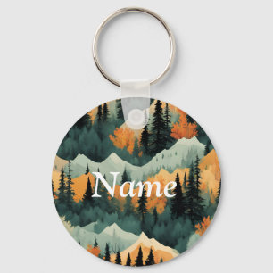 Mountains And Trees Green And Orange Key Ring