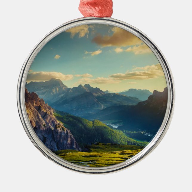 Mountains and Valley at Sunset Metal Tree Decoration (Front)