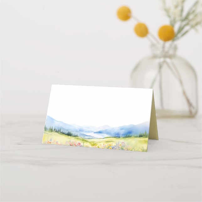 Mountains and Wildflowers Elegant Wedding Place Card (Front)