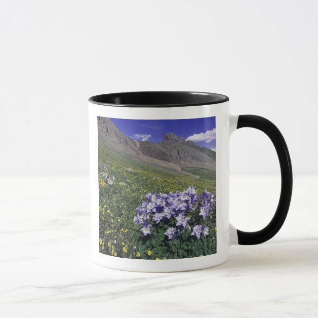 Mountains and wildflowers in alpine meadow, Blue Mug (Right)