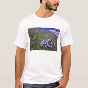 Mountains and wildflowers in alpine meadow, Blue T-Shirt