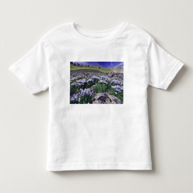 Mountains and wildflowers in alpine meadow, toddler T-Shirt (Front)