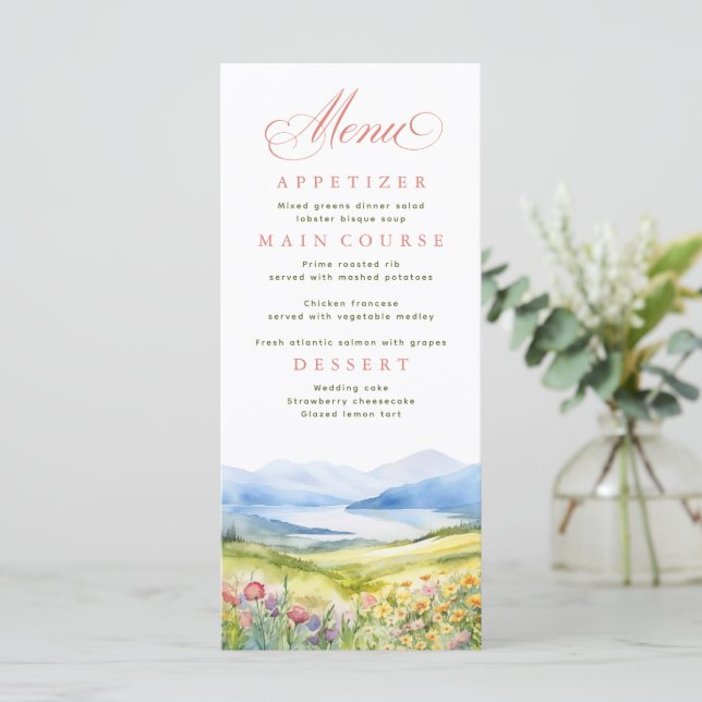 Mountains and Wildflowers Landscape Wedding Menu (Standing Front)