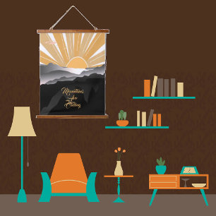 Mountains are Calling Burnt Sienna Sunrise Sunset Hanging Tapestry