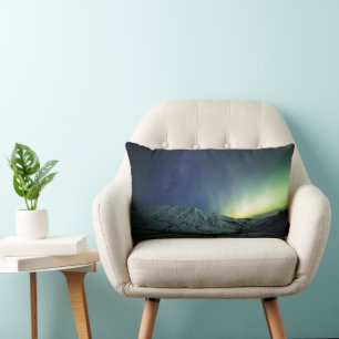 Mountains   Aurora Borealis & Milky Way Alaska Lumbar Cushion