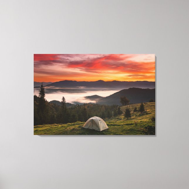 Mountains | Camping Foggy Sunrise Canvas Print (Front)