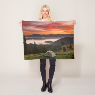 Mountains Camping Foggy Sunrise Fleece Blanket