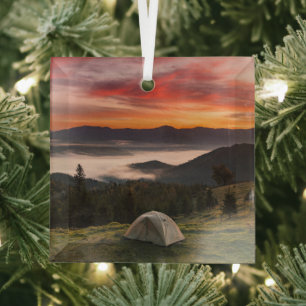 Mountains Camping Foggy Sunrise Glass Tree Decoration