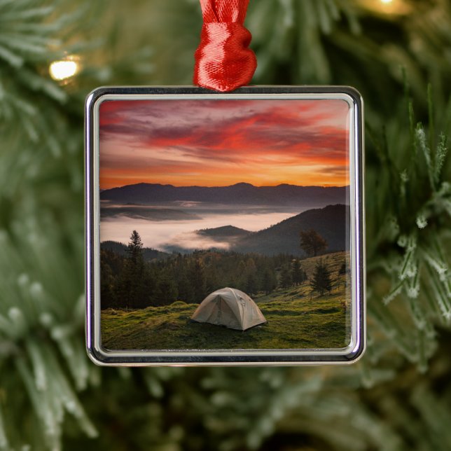 Mountains | Camping Foggy Sunrise Metal Tree Decoration (Tree)