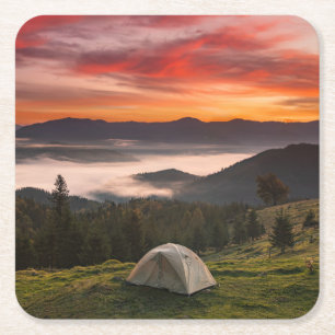 Mountains   Camping Foggy Sunrise Square Paper Coaster