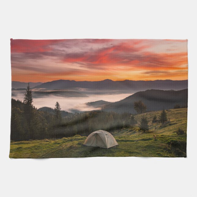 Mountains | Camping Foggy Sunrise Tea Towel (Horizontal)