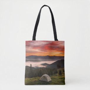 Mountains Camping Foggy Sunrise Tote Bag