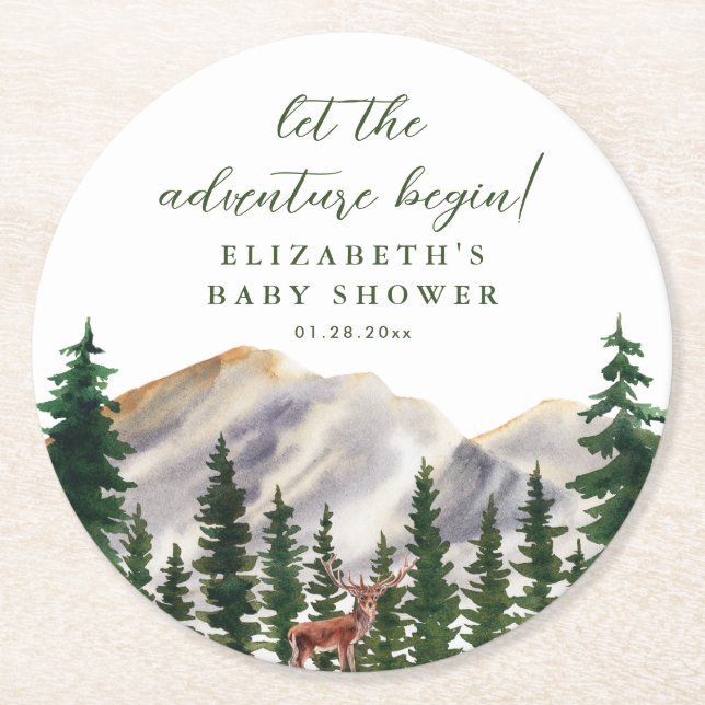 Mountains Deer Baby Shower Round Paper Coaster (Front)