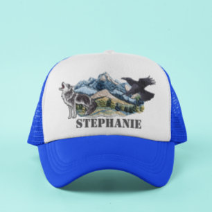 Mountains Faux Patches Wolf Raven Personalised Trucker Hat