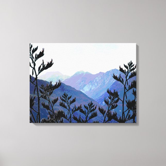 Mountains & Flaxes, New Zealand pop-art Canvas Print (Front)