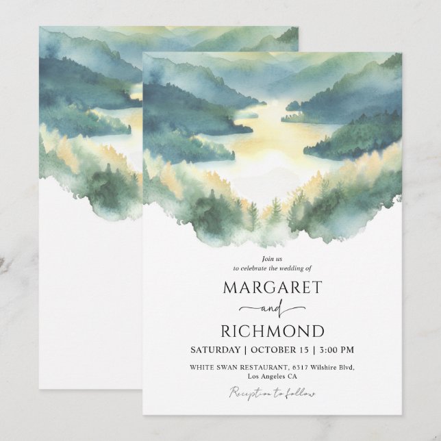 Mountains Forest Landscape Misty Rustic Wedding Invitation (Front/Back)