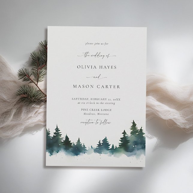 Mountains Forest Outdoor Rustic Modern Wedding Invitation (mountains wedding invitation rustic outdoors forest pine scene watercolor elegant winter)