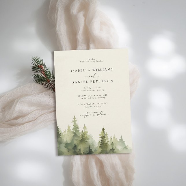 Mountains Forest Rustic Outdoor Vintage Wedding Invitation (mountains wedding invitation rustic outdoors forest pine scene watercolor elegant vintage classy)