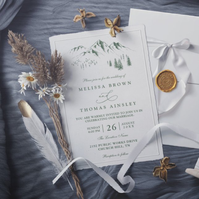 Mountains Forest Trees Pine Rustic Elegant Wedding Invitation (Creator Uploaded)