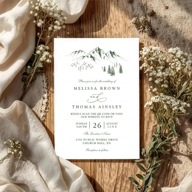 Mountains Forest Trees Pine Rustic QR Code Wedding Invitation (Creator Uploaded)