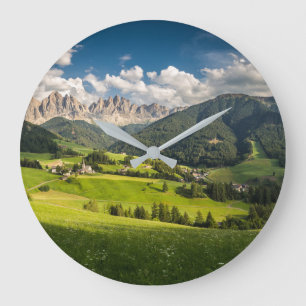 Mountains Funes Valley, Dolomites, Italy Large Clock