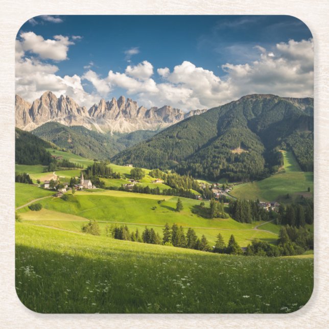 Mountains | Funes Valley, Dolomites, Italy Square Paper Coaster (Front)