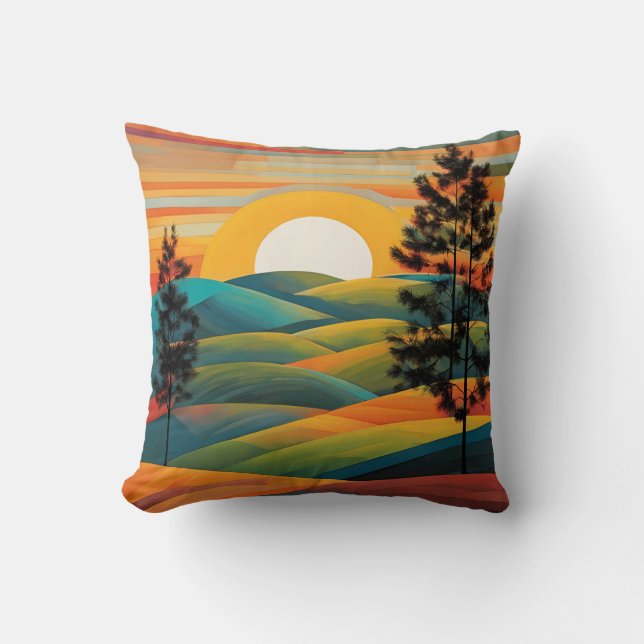 Mountains Hills Trees Sunset Sunrise  Cushion (Front)