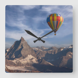 Mountains   Hot Air Balloon Matterhorn Swiss Alps Square Wall Clock