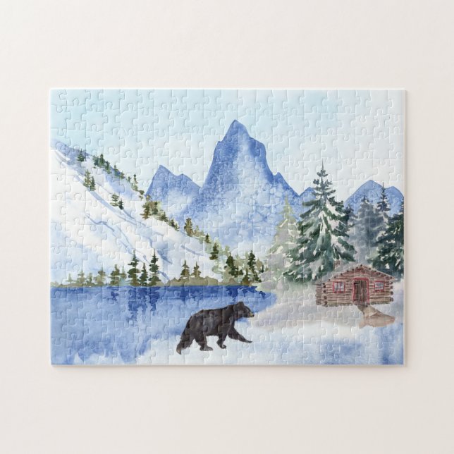 Mountains, Lake, Trees, Cabin, Bear Winter Scene Jigsaw Puzzle (Horizontal)