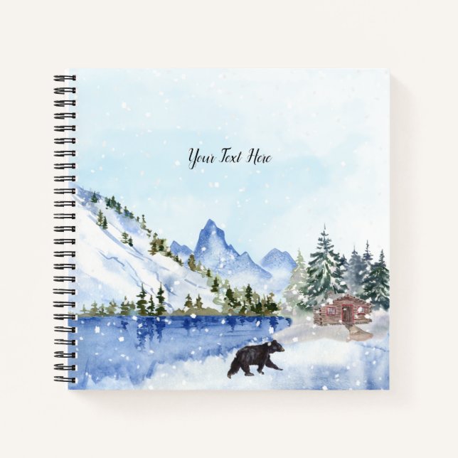 Mountains, Lake, Trees, Cabin, Bear Winter Scene Notebook (Front)