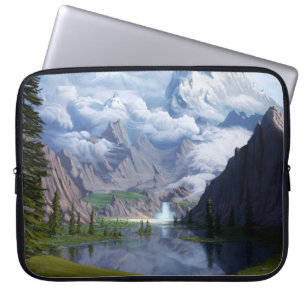 Mountains lake waterfall digital art 3D illustrati Laptop Sleeve