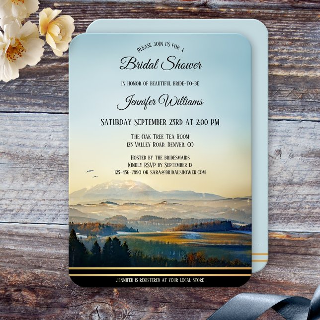 Mountains Landscape Art Bridal Shower Invitation (Bridal shower invite featuring a painting of a landscape scene with mountains and a golden lining)